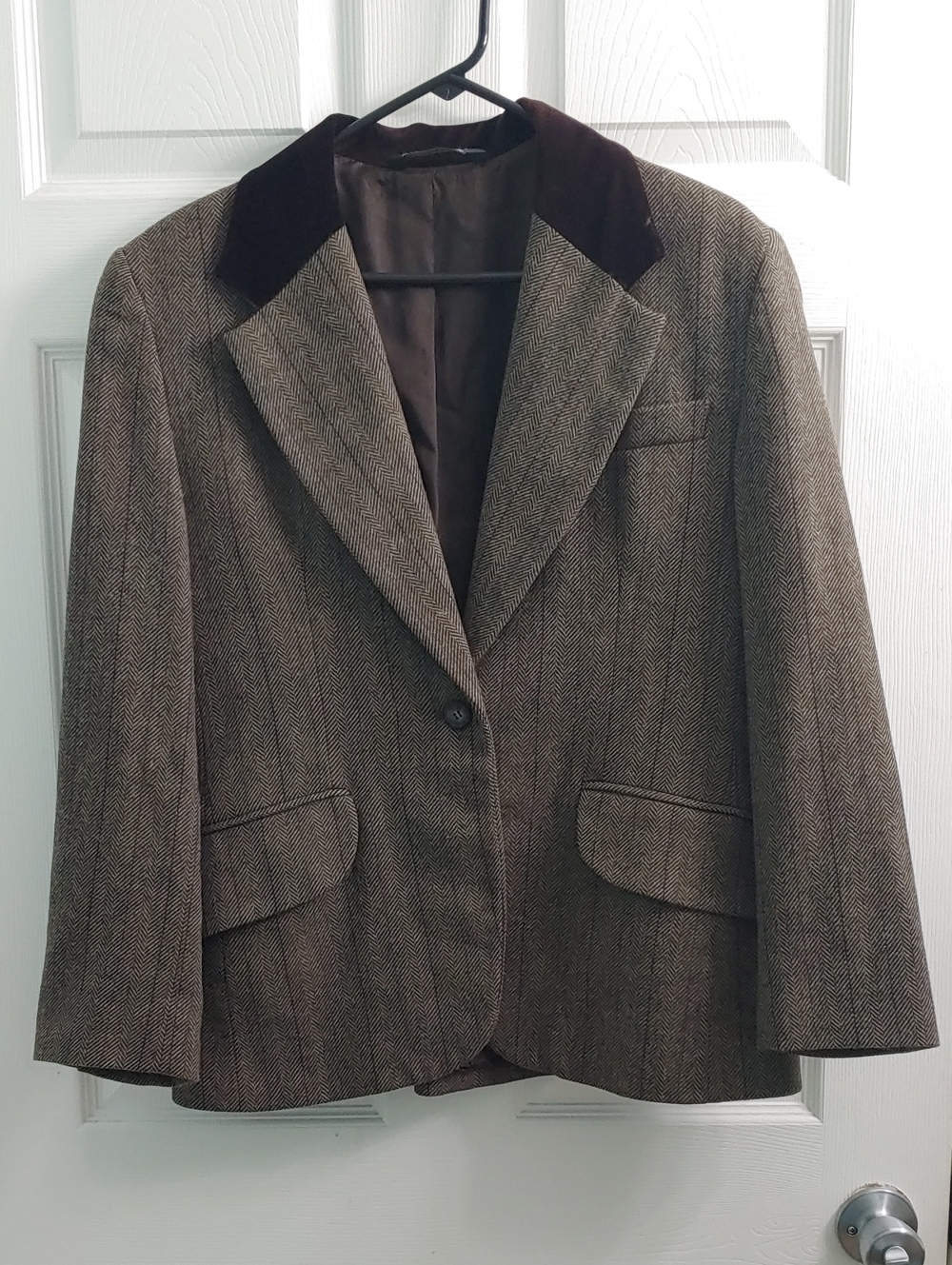 Vintage Laura Ashley Brown Herringbone Wool Blazer Women's 10 Velvet Collar